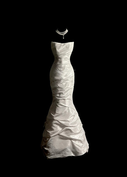 Vintage Mermaid Strapless 80s Ivory With Buttons Floor Length Bridal Gowns Summer Wedding Dresses MP1433