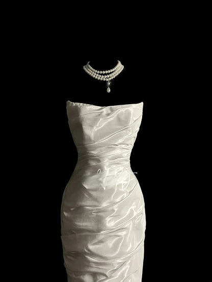 Vintage Mermaid Strapless 80s Ivory With Buttons Floor Length Bridal Gowns Summer Wedding Dresses MP1433
