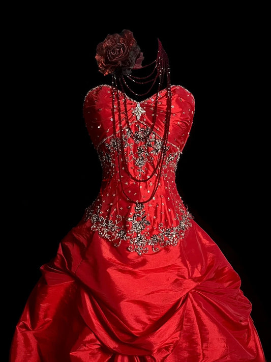 Vintage Ball Gown Sweetheart Red Taffeta Retro With Beaded Prom Outfits 90s Y2K Evening Dress Formal Dresses MP1436