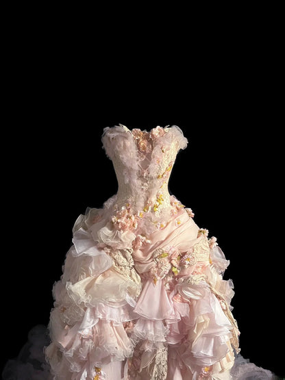 Fairy Tulle Prom Dresses Ball Gown Strapless Pink With Tiered Layers Retro Evening Dress Formal Outfits MP1440