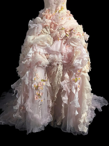 Fairy Tulle Prom Dresses Ball Gown Strapless Pink With Tiered Layers Retro Evening Dress Formal Outfits MP1440