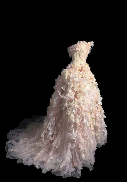 Fairy Tulle Prom Dresses Ball Gown Strapless Pink With Tiered Layers Retro Evening Dress Formal Outfits MP1440