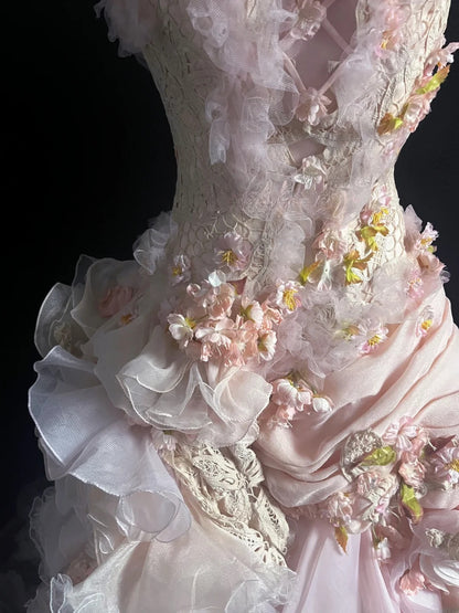 Fairy Tulle Prom Dresses Ball Gown Strapless Pink With Tiered Layers Retro Evening Dress Formal Outfits MP1440