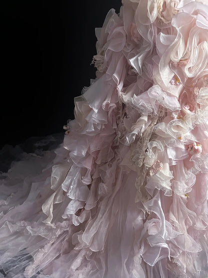 Fairy Tulle Prom Dresses Ball Gown Strapless Pink With Tiered Layers Retro Evening Dress Formal Outfits MP1440