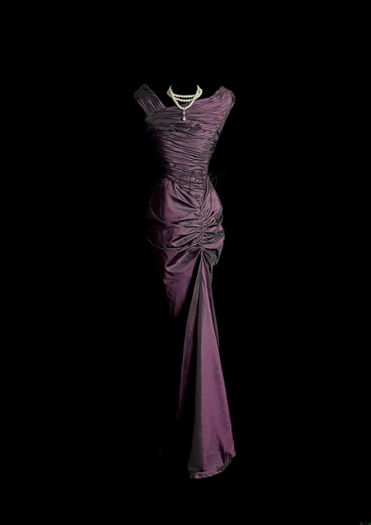 Satin Floor-Length Formal Prom Gowns Mermaid Purple Formal Dresses Vintage 90s With Ruffled Evening Outfits MP1441