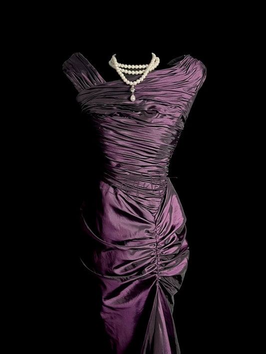 Satin Floor-Length Formal Prom Gowns Mermaid Purple Formal Dresses Vintage 90s With Ruffled Evening Outfits MP1441