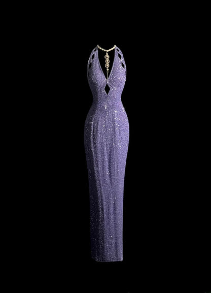 Prom Outfit Ideas Sparkly Mermaid Halter Purple Sequined Backless Formal Dresses Vintage 80s Evening Outfits MP1443
