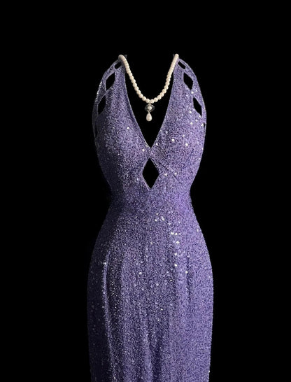 Prom Outfit Ideas Sparkly Mermaid Halter Purple Sequined Backless Formal Dresses Vintage 80s Evening Outfits MP1443