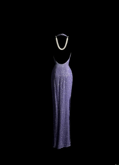 Prom Outfit Ideas Sparkly Mermaid Halter Purple Sequined Backless Formal Dresses Vintage 80s Evening Outfits MP1443