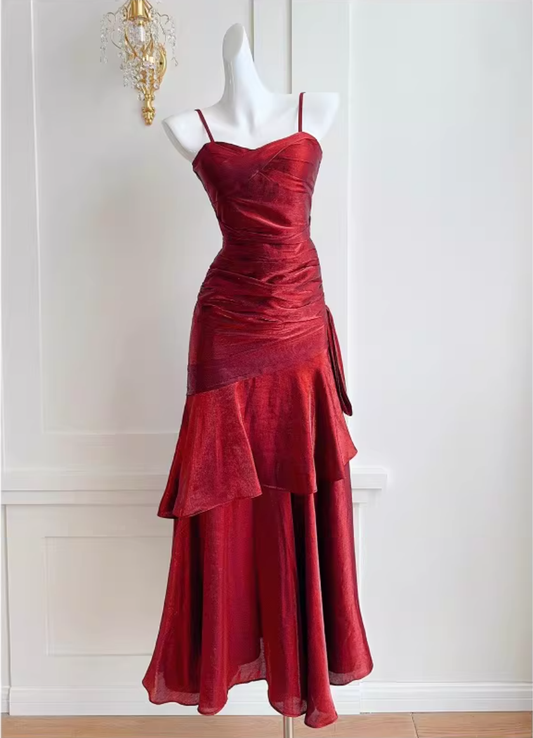 Elegant Mermaid Spaghetti Strap Burgundy Satin 18th Birthday Gown For Women Party Dresses Holiday Beach Outfits MP221