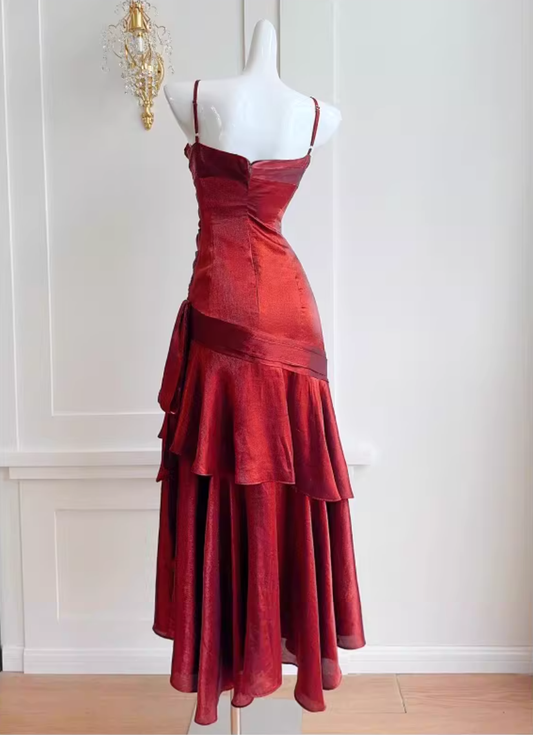 Elegant Mermaid Spaghetti Strap Burgundy Satin 18th Birthday Gown For Women Party Dresses Holiday Beach Outfits MP221