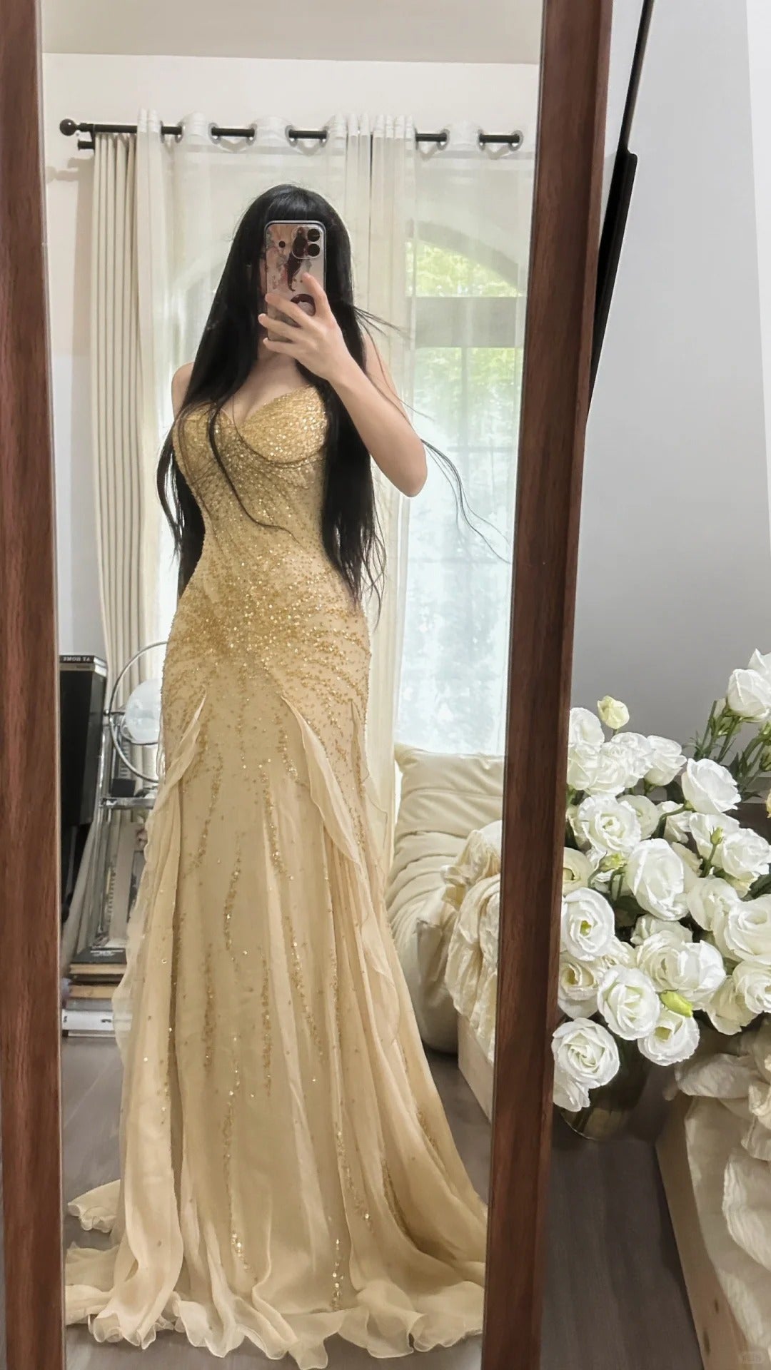 Sexy Mermaid Strapless Gold Chiffon Sleeveless Formal Outfit Long Prom Dresses M5P1105