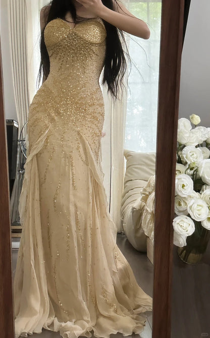 Sexy Mermaid Strapless Gold Chiffon Sleeveless Formal Outfit Long Prom Dresses M5P1105