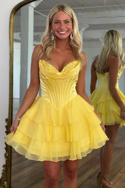 Cute A Line Sweetheart Yellow Chiffon With Lace Short 16th Birthday Outfits Homecoming Dress MP796