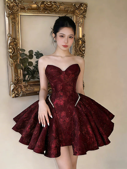 Cute Ball Gown Strapless Burgundy Satin Lace Sleeves Ideas For Women Homecoming Dresses Night Outfit MP280