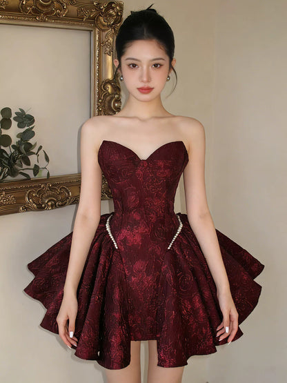 Cute Ball Gown Strapless Burgundy Satin Lace Sleeves Ideas For Women Homecoming Dresses Night Outfit MP280