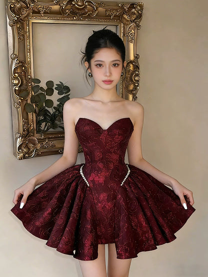 Cute Ball Gown Strapless Burgundy Satin Lace Sleeves Ideas For Women Homecoming Dresses Night Outfit MP280