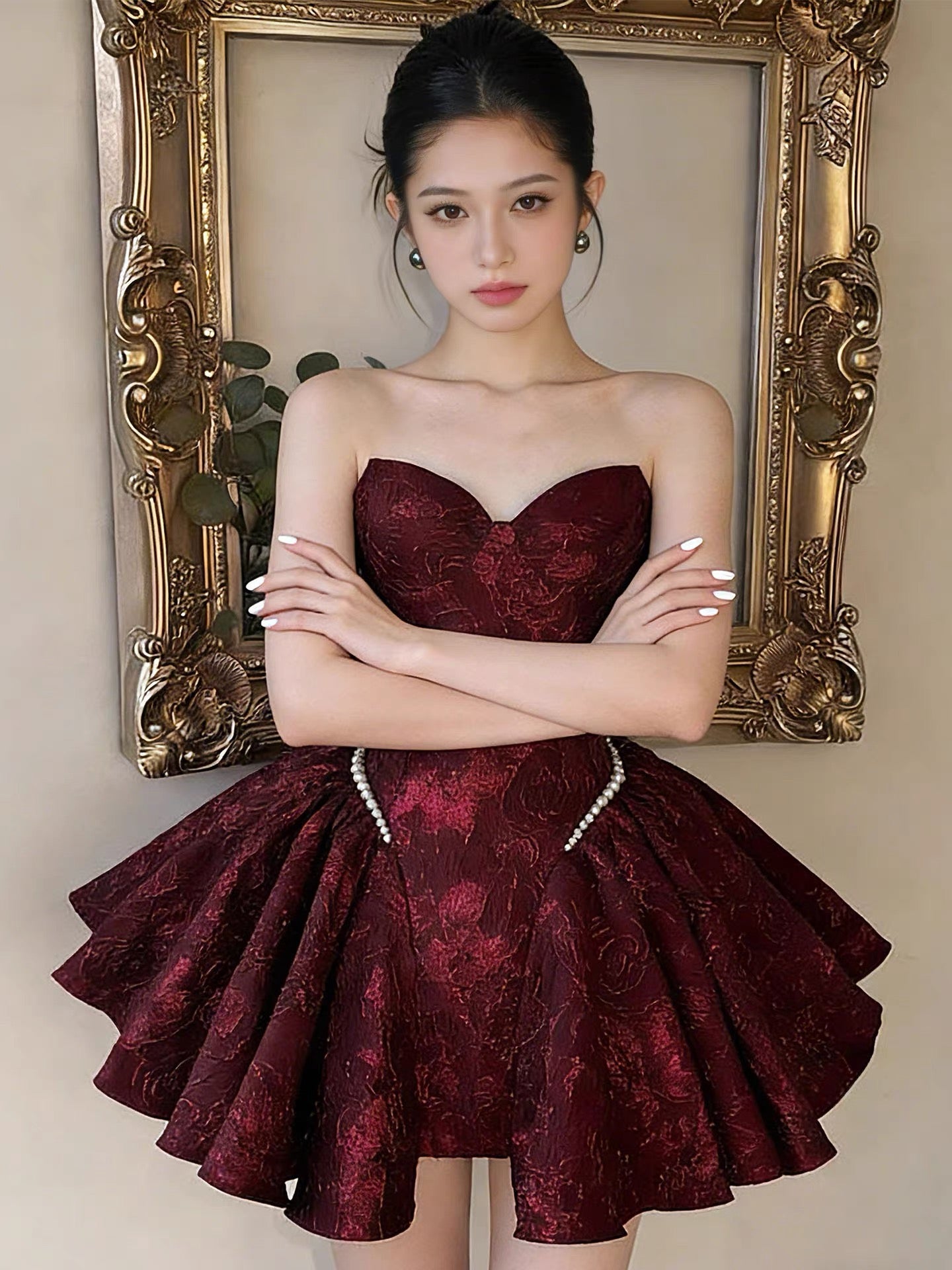 Cute Ball Gown Strapless Burgundy Satin Lace Sleeves Ideas For Women Homecoming Dresses Night Outfit MP280