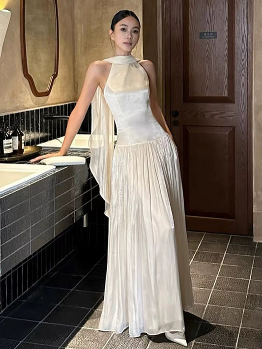 Classy Long Prom Dresses A line High Neck White Chiffon Formal Dress Graduation Gowns MP282