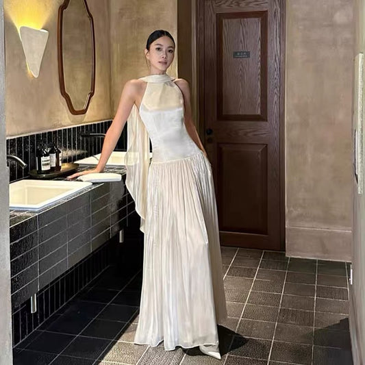 Classy Long Prom Dresses A line High Neck White Chiffon Formal Dress Graduation Gowns MP282