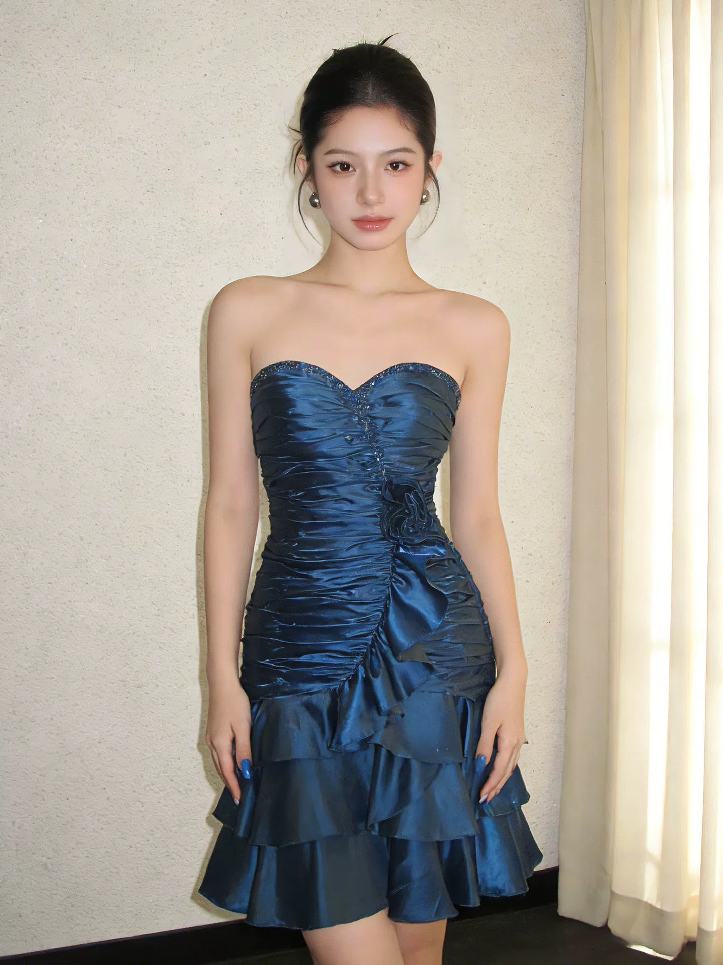 Sexy Sheath Strapless Teal Blue Satin Sleeveless Ideas For Women Homecoming Dresses Party Outfit MP283
