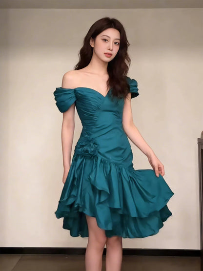 Chic Sheath Off The Shoulder Satin Short Sleeves Ideas For Women Homecoming Dresses Party Outfit MP284