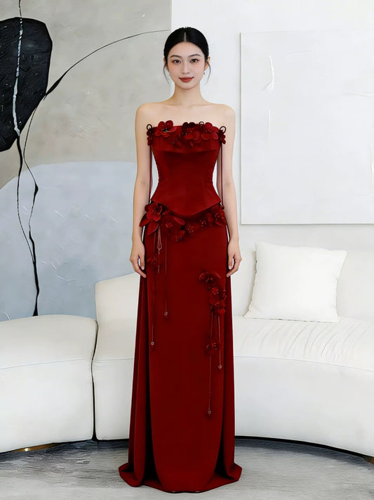 Classy Long Prom Dresses A line Strapless Burgundy Satin Formal Dress Graduation Gowns MP285