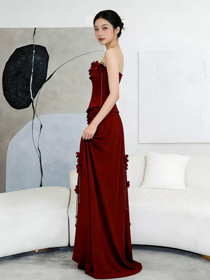 Classy Long Prom Dresses A line Strapless Burgundy Satin Formal Dress Graduation Gowns MP285