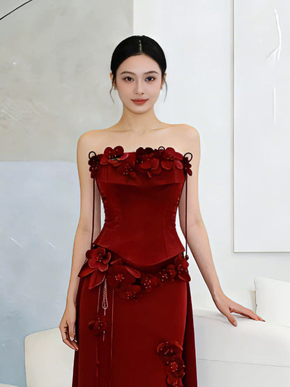 Classy Long Prom Dresses A line Strapless Burgundy Satin Formal Dress Graduation Gowns MP285