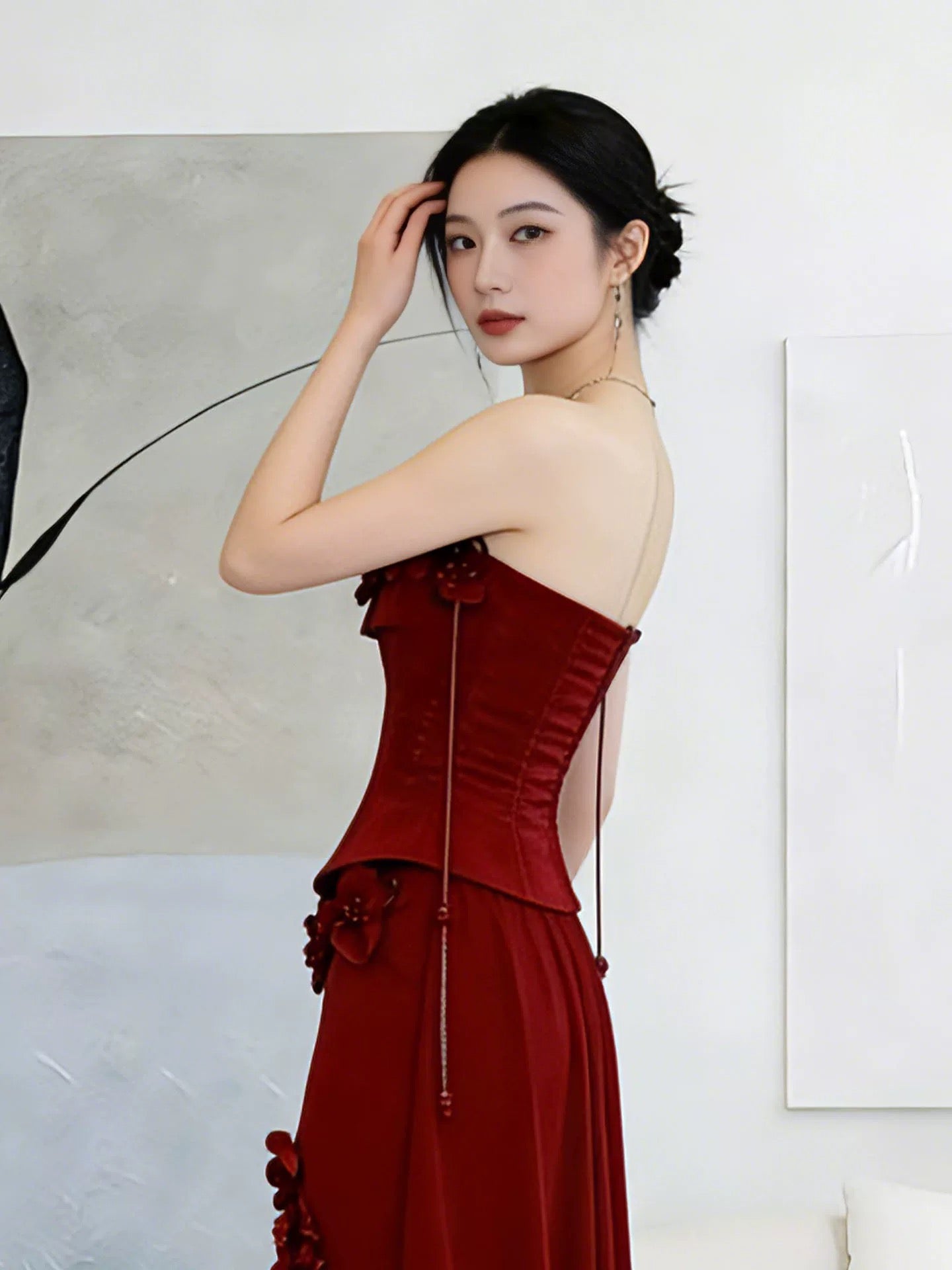 Classy Long Prom Dresses A line Strapless Burgundy Satin Formal Dress Graduation Gowns MP285