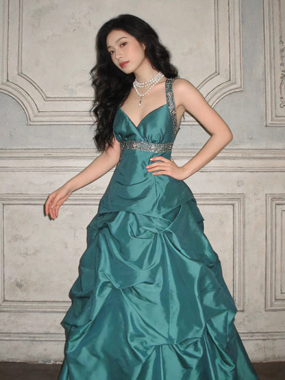 Vintage Long Prom Dresses Ball Gown Straps With Pleated Formal Dress Graduation Gowns MP287
