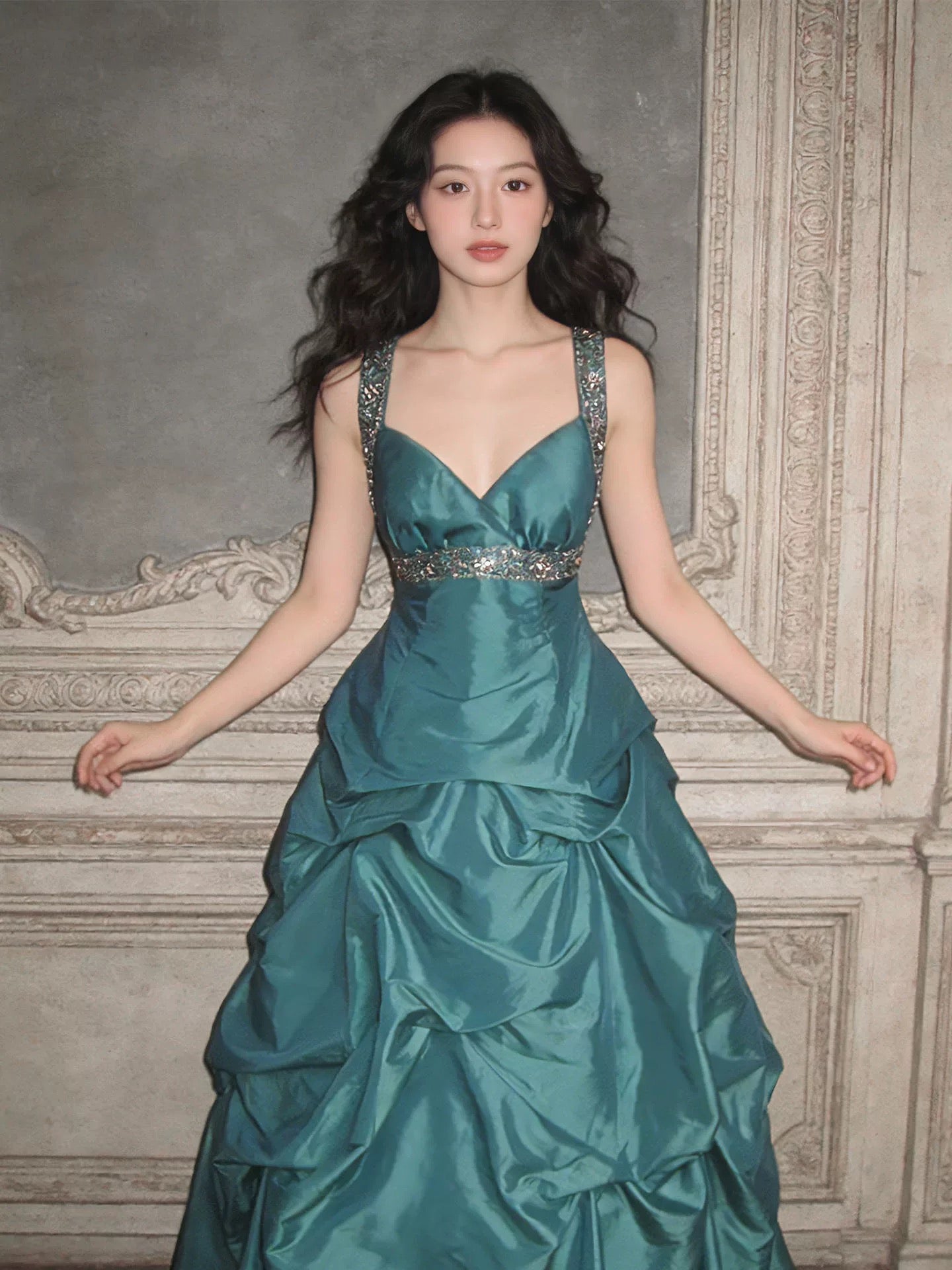 Vintage Long Prom Dresses Ball Gown Straps With Pleated Formal Dress Graduation Gowns MP287