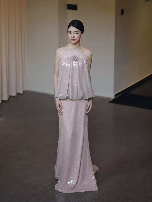 Glänzende lange Ballkleider, A-Linie, trägerlos, rosa, paillettenbesetztes festliches Kleid, Abschlussballkleider MP288