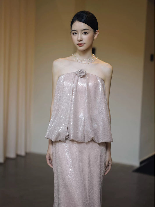 Glänzende lange Ballkleider, A-Linie, trägerlos, rosa, paillettenbesetztes festliches Kleid, Abschlussballkleider MP288