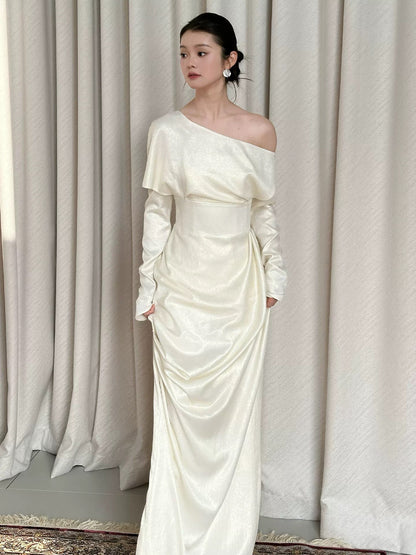 Simple Long Prom Dresses Sheath Off The Shoulder Ivory Formal Dress Graduation Gowns MP289