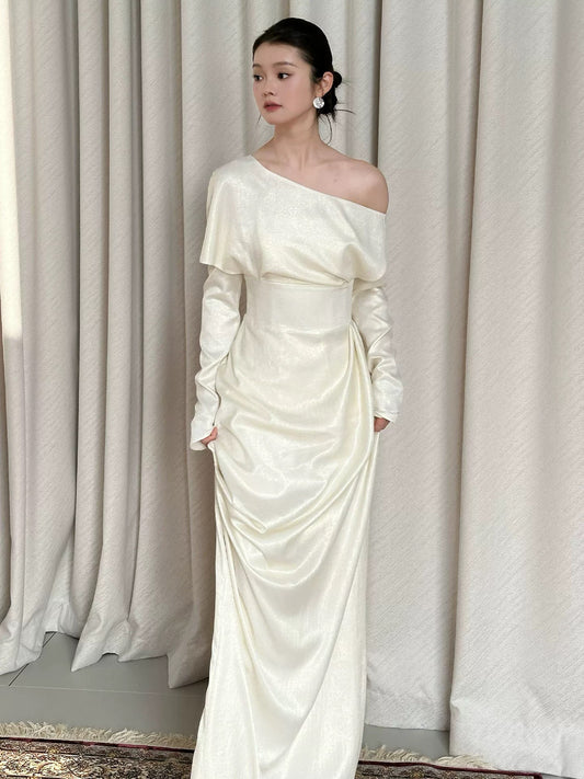 Schlichte lange Abschlussballkleider Etui Off-Shoulder Elfenbein Abendkleid Abschlusskleider MP289