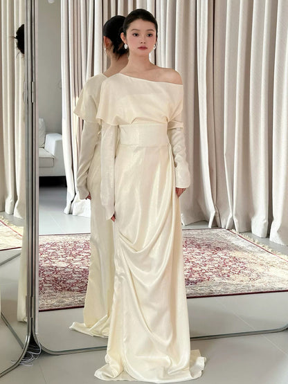 Simple Long Prom Dresses Sheath Off The Shoulder Ivory Formal Dress Graduation Gowns MP289