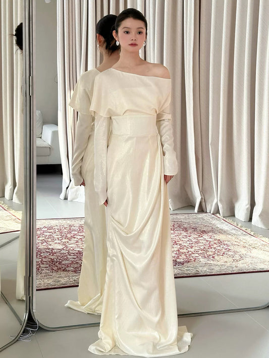 Schlichte lange Abschlussballkleider Etui Off-Shoulder Elfenbein Abendkleid Abschlusskleider MP289