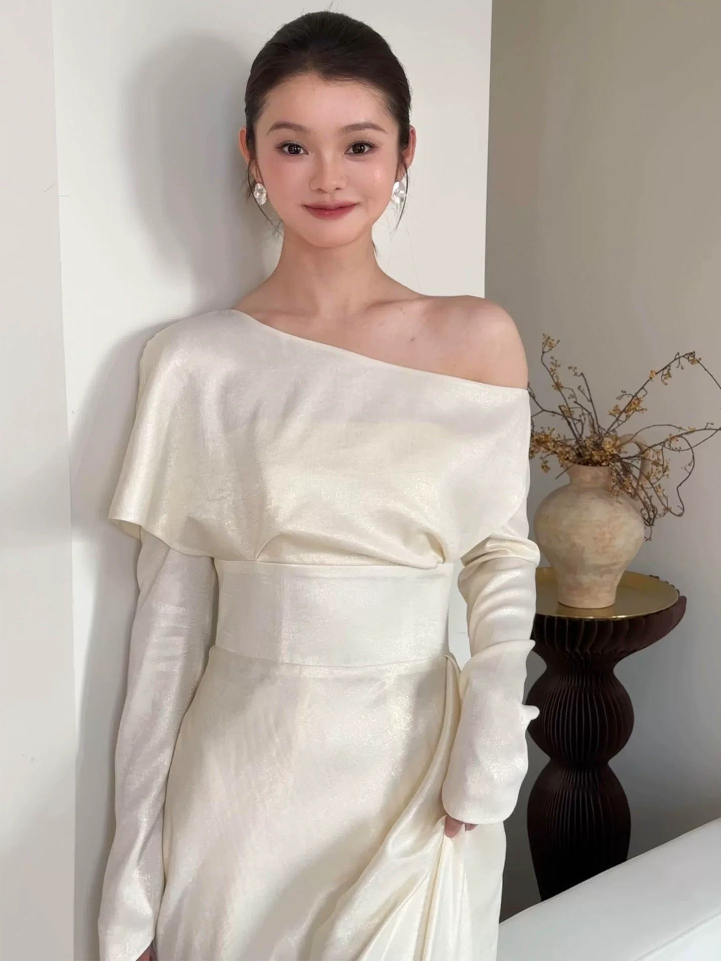 Simple Long Prom Dresses Sheath Off The Shoulder Ivory Formal Dress Graduation Gowns MP289