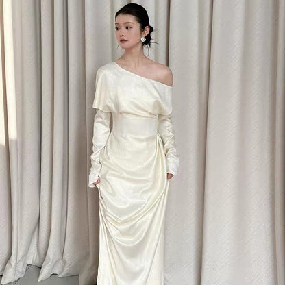 Simple Long Prom Dresses Sheath Off The Shoulder Ivory Formal Dress Graduation Gowns MP289