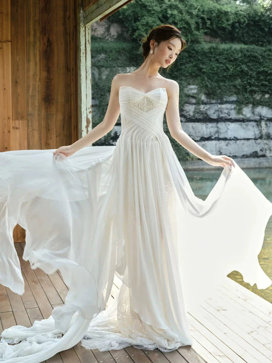 Einfache, lange Ballkleider, A-Linie, Sweetheart-Ausschnitt, weißer Chiffon, Spitze, elegantes Kleid, Abschlussballkleider MP290