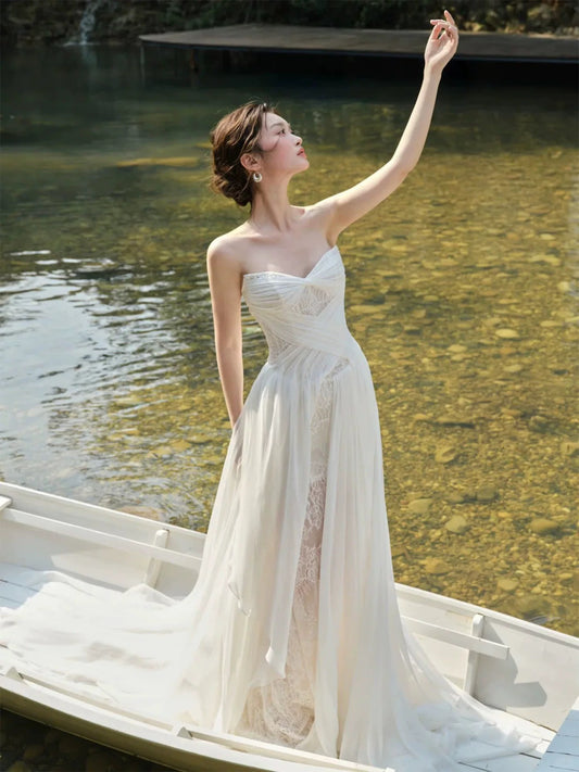 Einfache, lange Ballkleider, A-Linie, Sweetheart-Ausschnitt, weißer Chiffon, Spitze, elegantes Kleid, Abschlussballkleider MP290