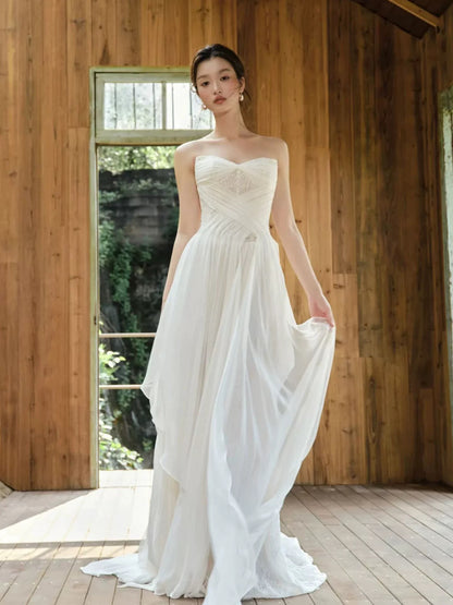 Simple Long Prom Dresses A line Sweetheart White Chiffon Lace Formal Dress Graduation Gowns MP290