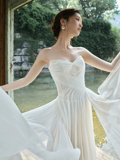 Simple Long Prom Dresses A line Sweetheart White Chiffon Lace Formal Dress Graduation Gowns MP290