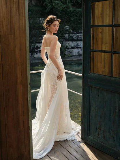 Simple Long Prom Dresses A line Sweetheart White Chiffon Lace Formal Dress Graduation Gowns MP290
