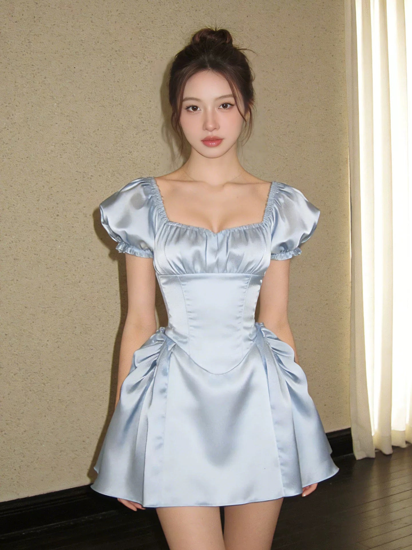 Niedliches Ballkleid mit eckigem Ausschnitt, hellblauem Satin, kurzen Ärmeln, Ideen für Damen, Homecoming-Kleider, Party-Outfit MP291