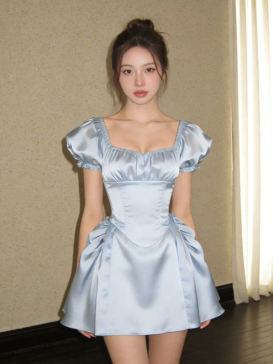 Niedliches Ballkleid mit eckigem Ausschnitt, hellblauem Satin, kurzen Ärmeln, Ideen für Damen, Homecoming-Kleider, Party-Outfit MP291