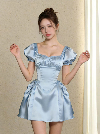 Niedliches Ballkleid mit eckigem Ausschnitt, hellblauem Satin, kurzen Ärmeln, Ideen für Damen, Homecoming-Kleider, Party-Outfit MP291