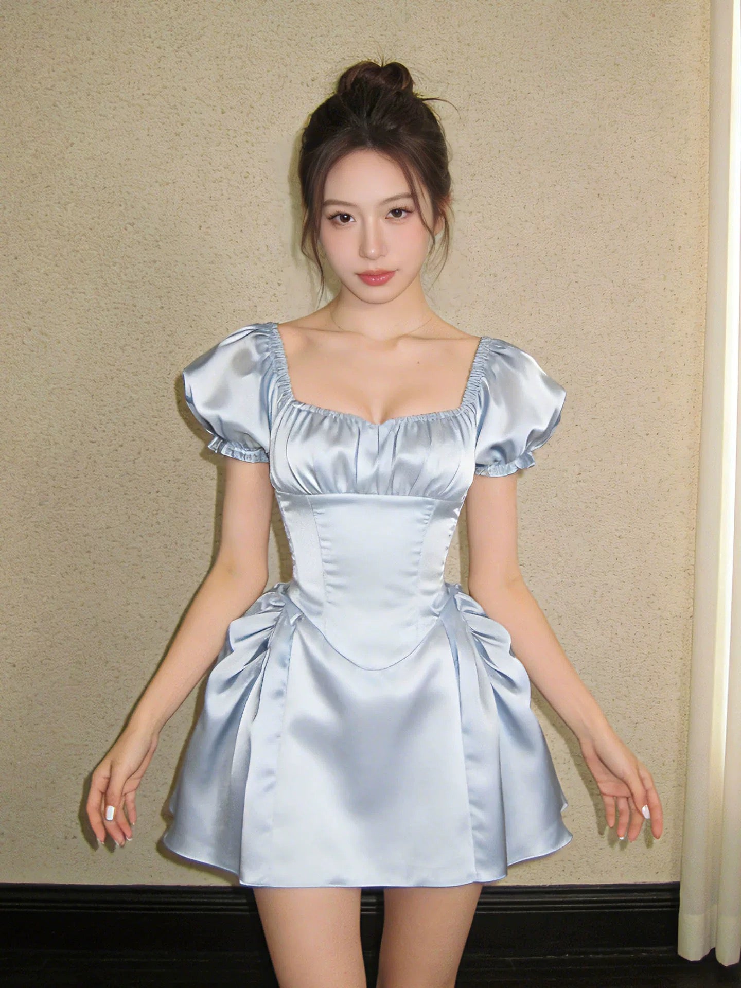 Niedliches Ballkleid mit eckigem Ausschnitt, hellblauem Satin, kurzen Ärmeln, Ideen für Damen, Homecoming-Kleider, Party-Outfit MP291