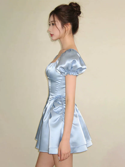Niedliches Ballkleid mit eckigem Ausschnitt, hellblauem Satin, kurzen Ärmeln, Ideen für Damen, Homecoming-Kleider, Party-Outfit MP291